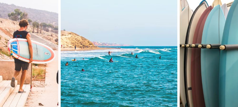 People surfing the waves on Taghazout beach, surrounded by images of surfboards