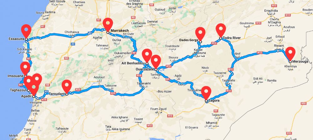 Southern Morocco Road Trip Map