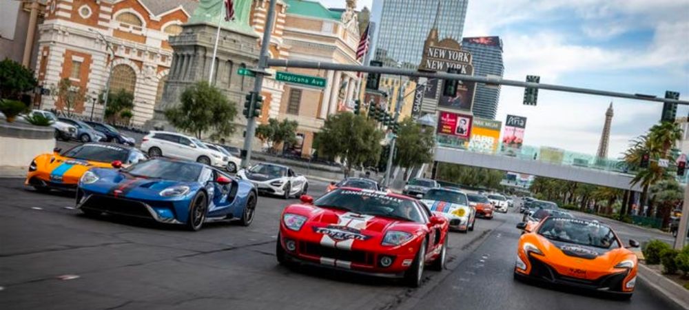 An image of exotic supercars cruising on down Las Vegas Boulevard. You can rent one of these from several companies. This is one of several unusual things to do in Las Vegas