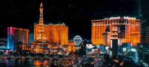 Image of the Las Vegas strip, overlooking Paris, Planet Hollywood, and the iconic Bellagio Fountains.