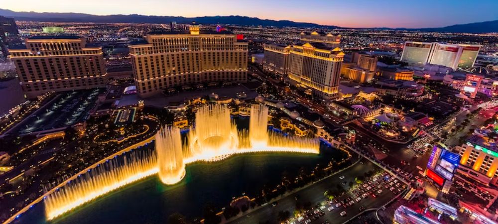 An aerial image of the Bellagio Fountains, one of the best free things to do in Las Vegas