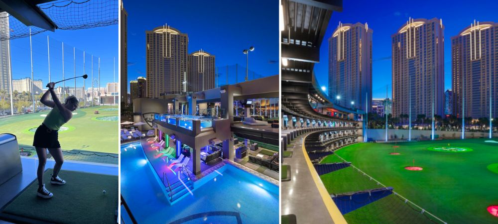 A collage of images of the Top Golf in Las Vegas. A perfect thing to do if you are visiting Las Vegas and don't gamble.